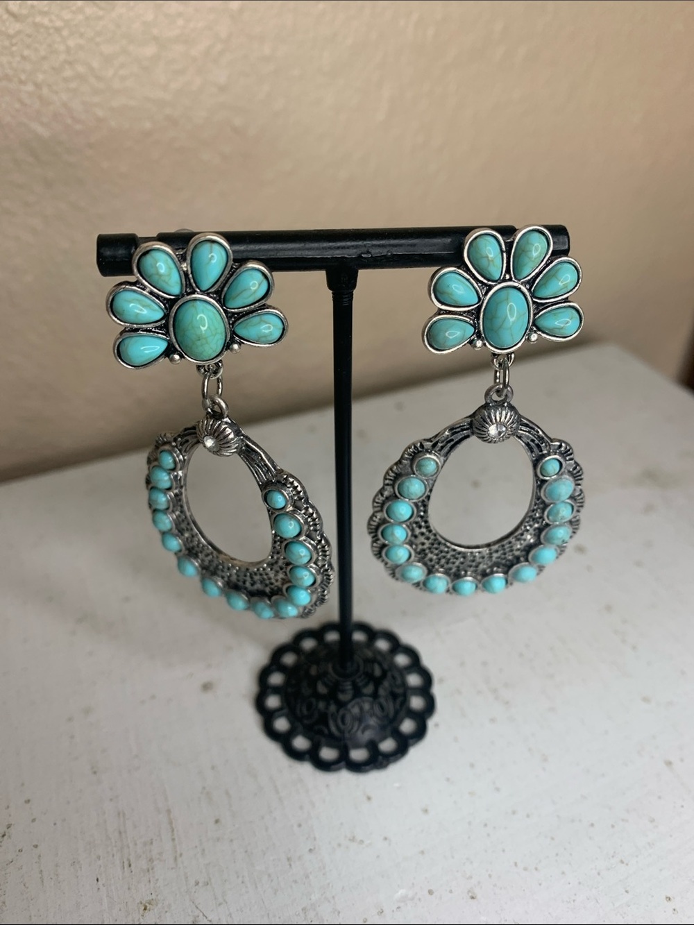 WESTERN Faux Turquoise Flower Hoop Drop Earrings